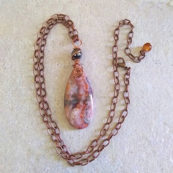 Rustic Crazy Lace Agate Pendant Necklace! Cream Gray Peachy Tangerine + Copper - Picture 1 of 15